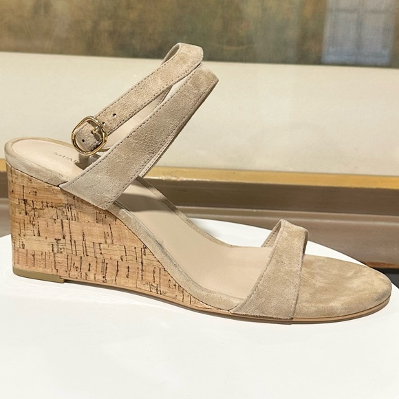 Stuart Weitzman "AVE" Cork Wedge Suede Sandals - $495 - Beige/Tan - Size 9 - Picture 2 of 14